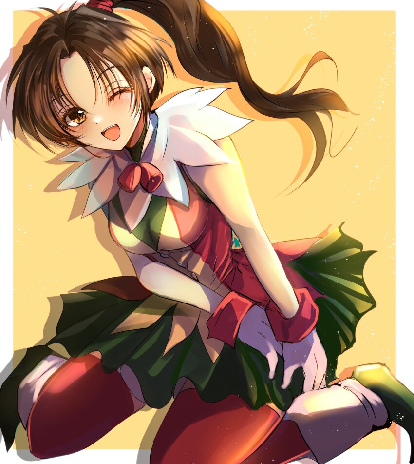 1girl, any813, breasts, brown_eyes, brown_hair, full_body, gensou_suikoden, gloves
