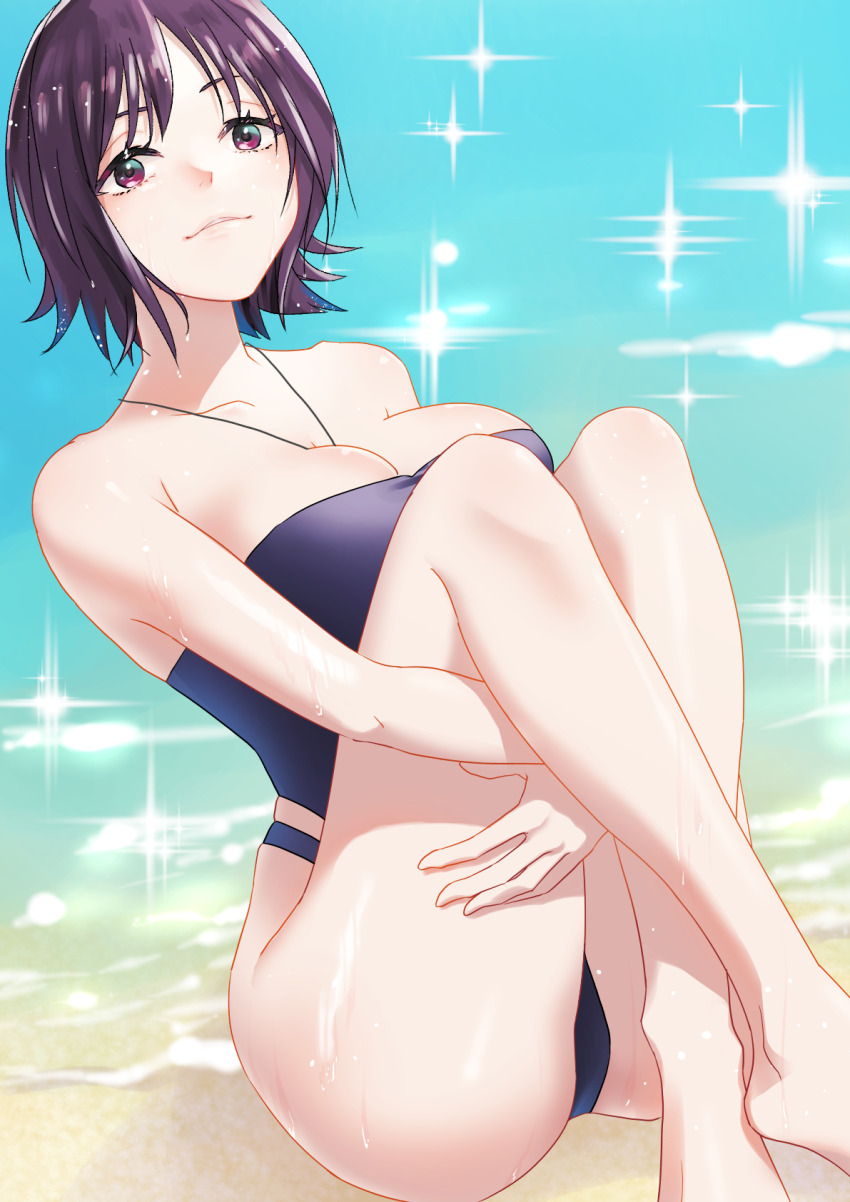 1girl, areola_slip, ass, bare_arms, bare_legs, bare_shoulders, barefoot, beach, black_one-piece_swimsuit, breasts, casual_one-piece_swimsuit, cleavage, collarbone, curvy, day, fetal_position, full_body, highleg, highleg_one-piece_swimsuit, highres, jewelry, large_breasts, looking_at_viewer, necklace, nintendo, one-piece_swimsuit, professor_ivy, pokemon, pokemon_(anime), pokemon_(classic_anime), purple_eyes, purple_hair, ring, ring_necklace, shiny_skin, short_hair, simple_background, sitting, skindentation, solo, strapless, strapless_one-piece_swimsuit, swimsuit, vuipui, water, wet, wide_hips