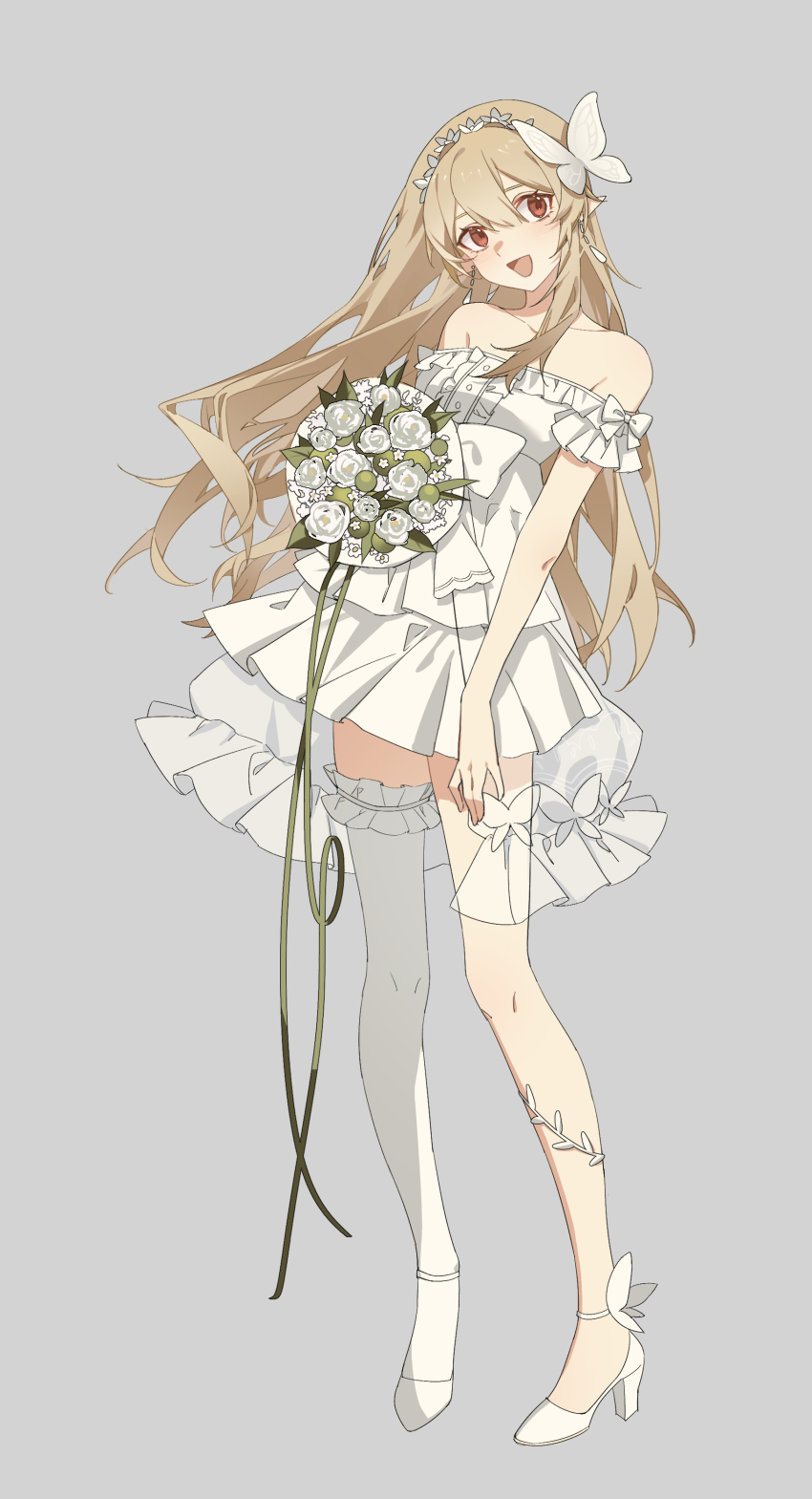 1girl, absurdres, asymmetrical_legwear, bare_shoulders, blonde_hair, blush, bouquet, breasts