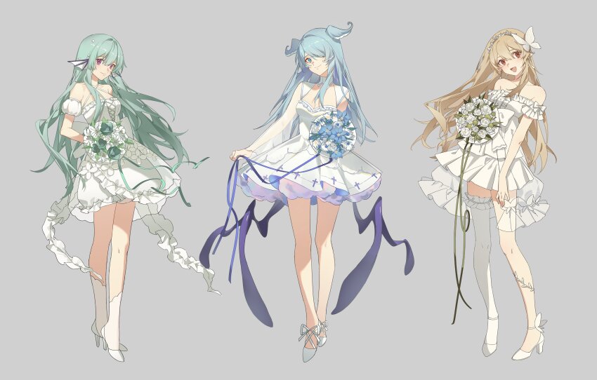 3girls, absurdres, bare_shoulders, blonde_hair, blue_eyes, blue_hair, blush, bouquet