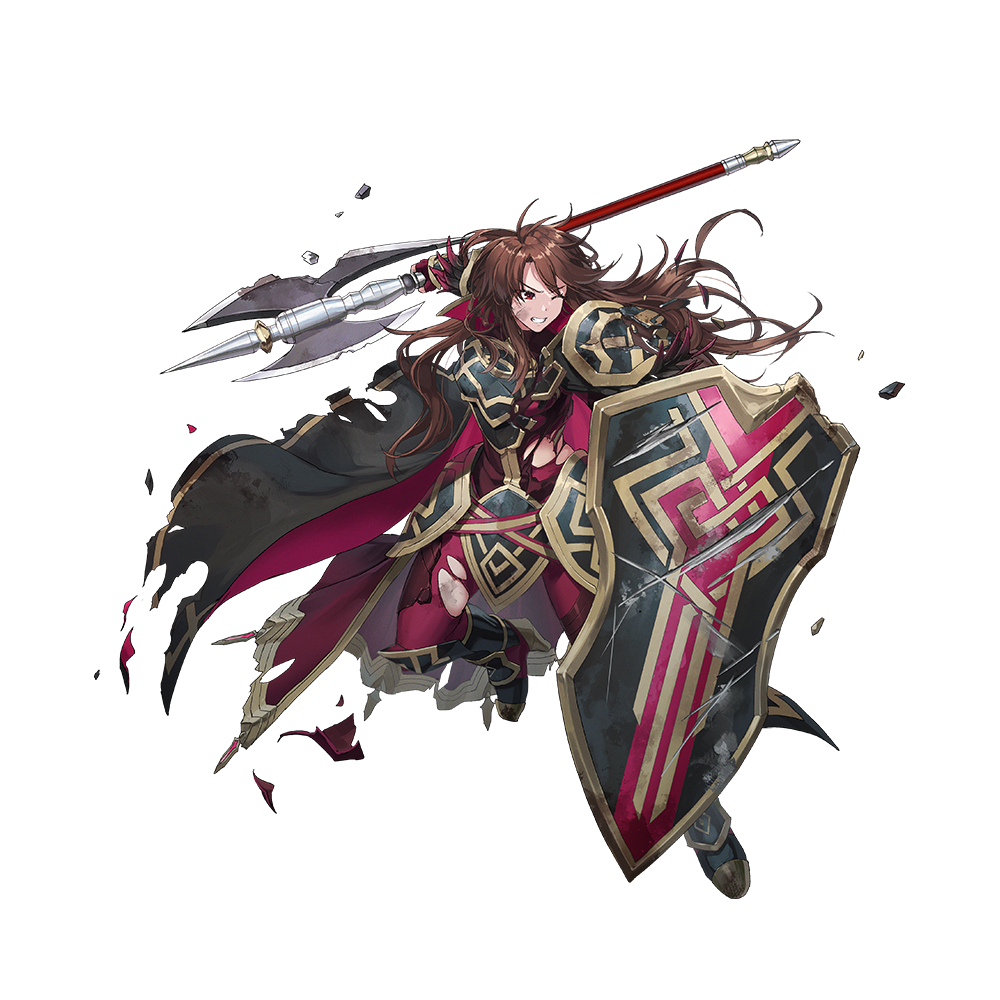 1girl, armor, axe, battle_axe, black_cape, broken, broken_weapon, brown_eyes, brown_hair, cape, clenched_teeth, dai-xt, damaged, fingerless_gloves, fire_emblem, fire_emblem:_mystery_of_the_emblem, fire_emblem_heroes, gloves, holding, holding_axe, holding_shield, long_hair, lunge, nintendo, official_alternate_costume, official_art, red_cape, red_gloves, sheena_(fire_emblem), sheena_(resplendent)_(fire_emblem), shield, solo, teeth, torn_cape, torn_clothes, v-shaped_eyebrows, weapon
