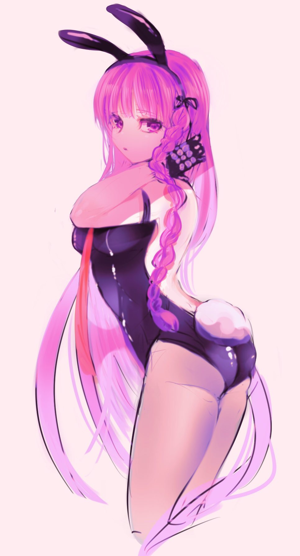 1girl, ass, black_gloves, black_leotard, blue-bell, braid, braided_ponytail, danganronpa:_trigger_happy_havoc