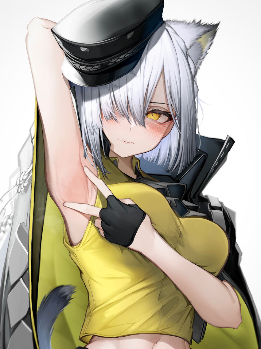 1girl, absurdres, animal_ear_fluff, animal_ears, arknights, armpits, black_gloves, black_hat