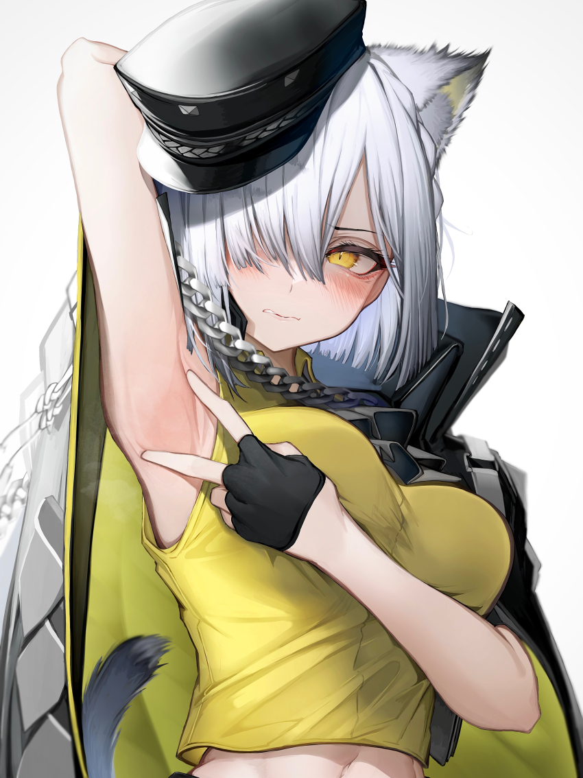 1girl, absurdres, animal_ear_fluff, animal_ears, arknights, armpits, black_gloves, black_hat, blush, breasts, cat, cat_tail, chain, delphine_(arknights), fingerless_gloves, gloves, grey_hair, hair_over_one_eye, hat, highres, looking_at_viewer, medium_breasts, presenting_armpit, shirt, short_hair, simple_background, solo, spread_armpit, tab_head, tail, upper_body, white_background, yellow_eyes, yellow_shirt