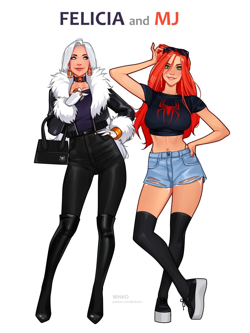 2girls, absurdres, alternate_costume, artist_name, bag, black_choker, black_footwear, black_jacket, black_pants, black_shirt, black_thighhighs, boots, bracelet, character_name, choker, crop_top, denim, denim_shorts, earrings, elbow_carry, eyewear_on_head, felicia_hardy, full_body, fur-trimmed_jacket, fur_trim, gloves, green_eyes, hand_on_own_hip, handbag, highres, jacket, jewelry, long_hair, marvel, mary_jane_watson, midriff, multiple_girls, navel, olena_minko, open_clothes, open_jacket, pants, panty_straps, patreon_username, red_hair, ring, shirt, shoes, short_shorts, short_sleeves, shorts, simple_background, spider-man_logo, sunglasses, thigh_boots, thighhighs, watermark, web_address, white_background, white_gloves, white_hair