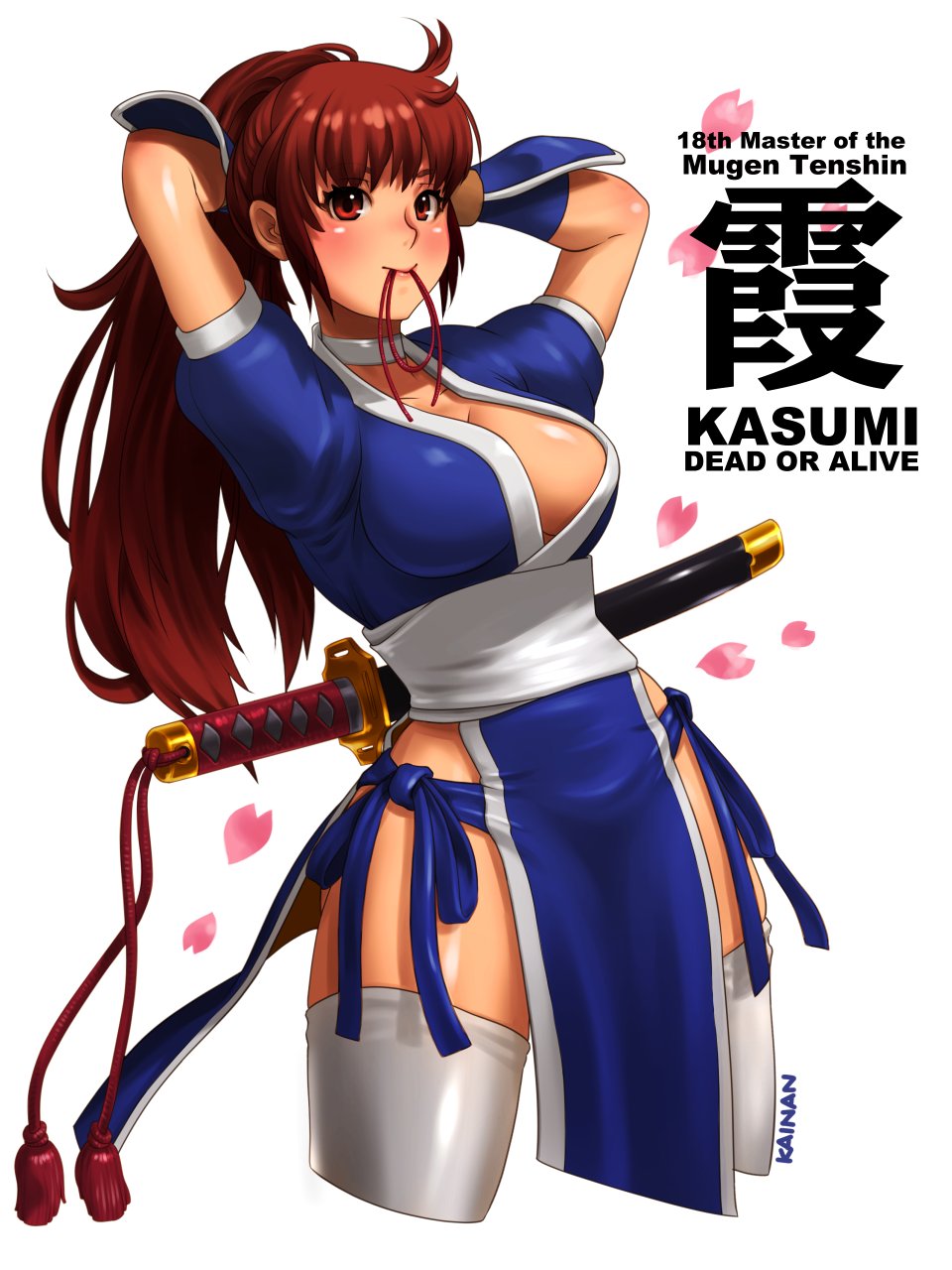 1girl, breasts, brown_eyes, brown_hair, cleavage, cropped_legs, dead_or_alive, falling_petals