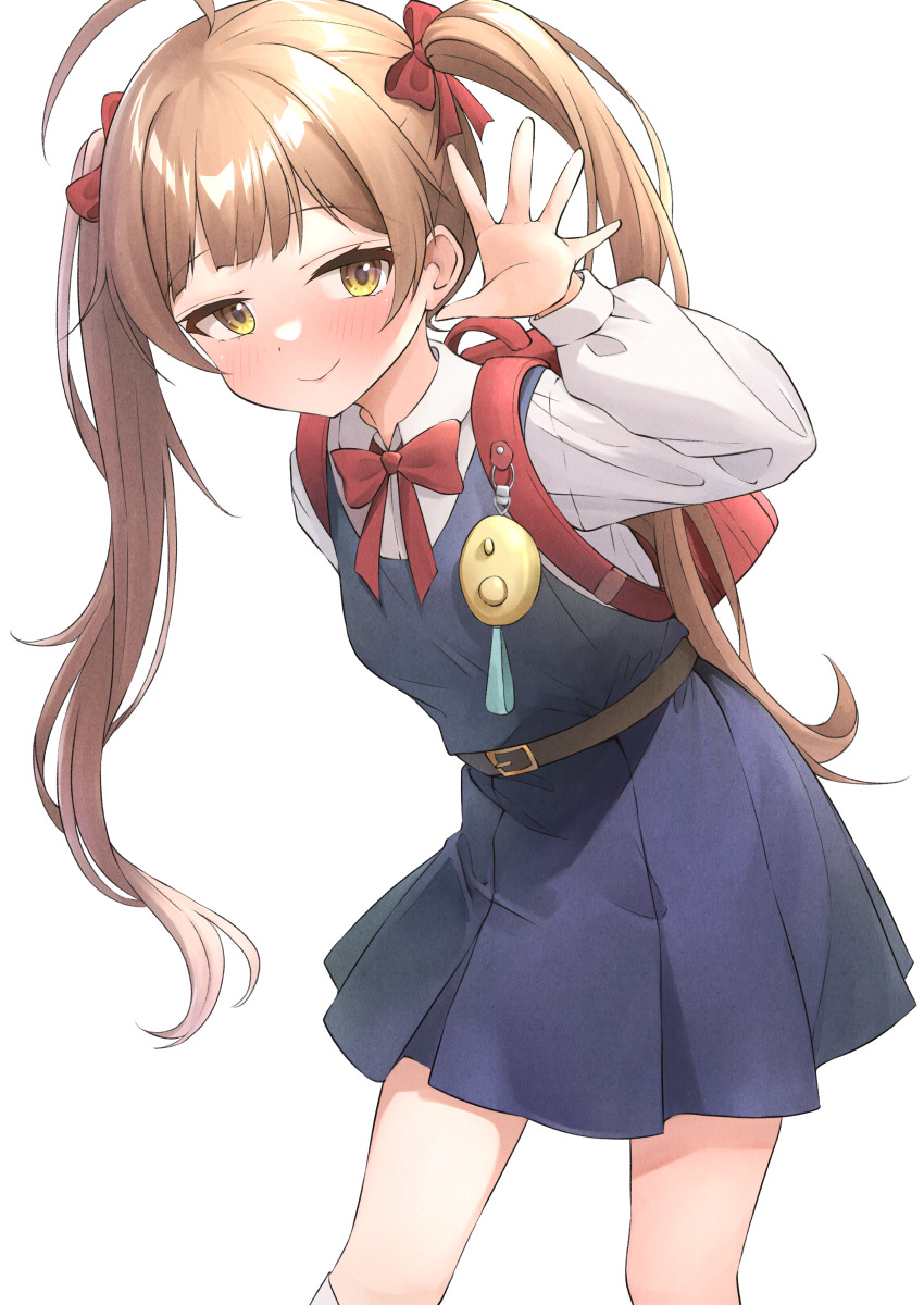 absurdres, b1ack_illust, blush, brown_eyes, brown_hair, cosplay, hair_ornament, hair_rings, hakozaki_serika, highres, idolmaster, idolmaster_million_live!, idolmaster_million_live!_theater_days, indie_virtual_youtuber, jacket, long_hair, looking_at_viewer, pinstripe_jacket, pinstripe_pattern, pinstripe_skirt, pom_pom_(clothes), pom_pom_hair_ornament, red_sailor_collar, sailor_collar, shigure_ui_(vtuber), shigure_ui_(vtuber)_(cosplay), shigure_ui_(young)_(vtuber), shukusei!!_loli-kami_requiem, simple_background, skirt, smile, striped_clothes, striped_jacket, striped_skirt, twintails, vertical-striped_clothes, vertical-striped_jacket, vertical-striped_skirt, virtual_youtuber, white_background