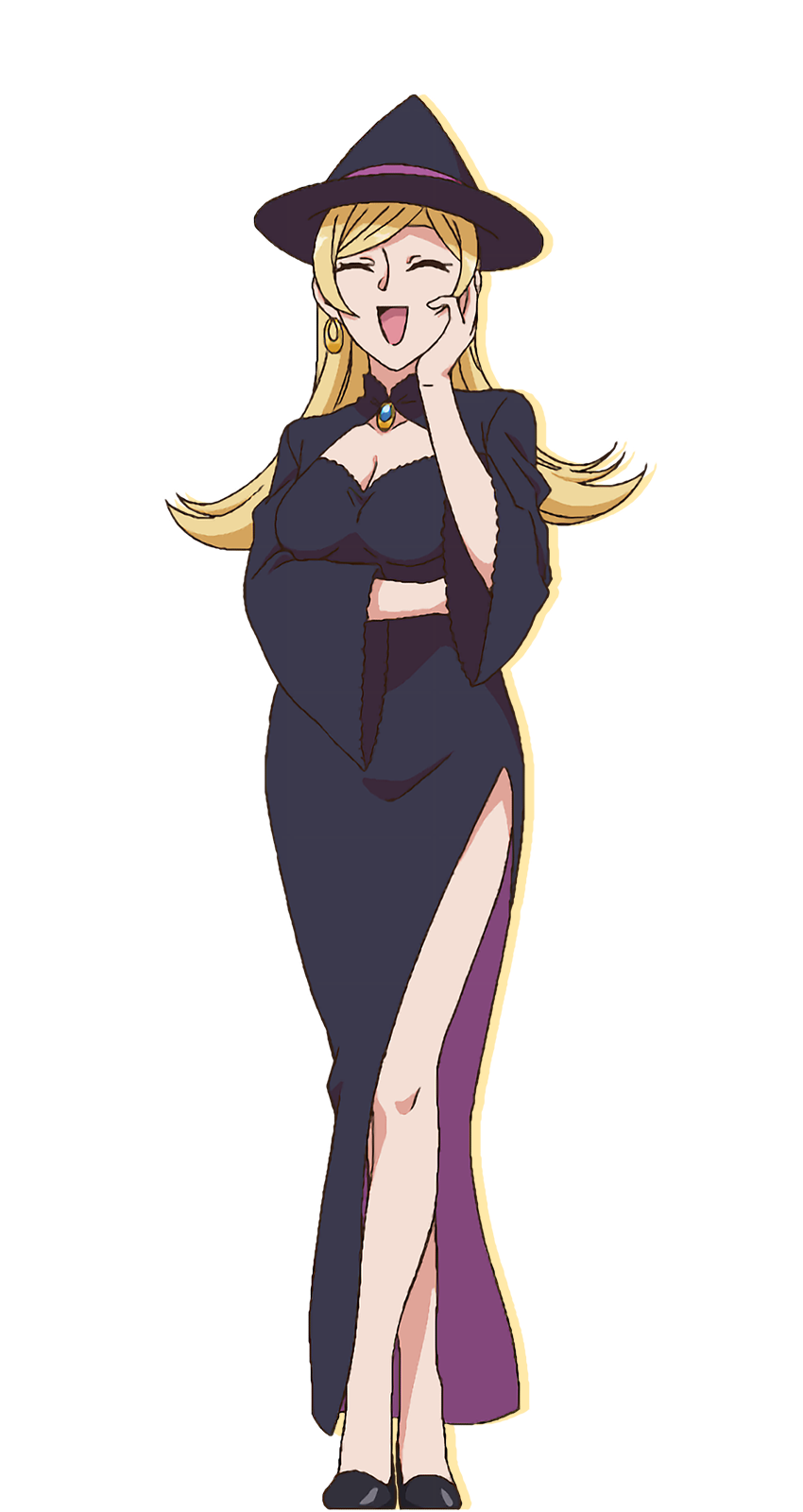 1girl, :d, ^_^, alpha_transparency, black_dress, black_footwear, black_hat, blonde_hair