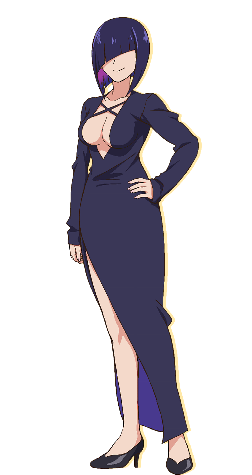 1girl, alpha_transparency, black_dress, black_shoes, blunt_bangs, blunt_ends, breasts, cleavage