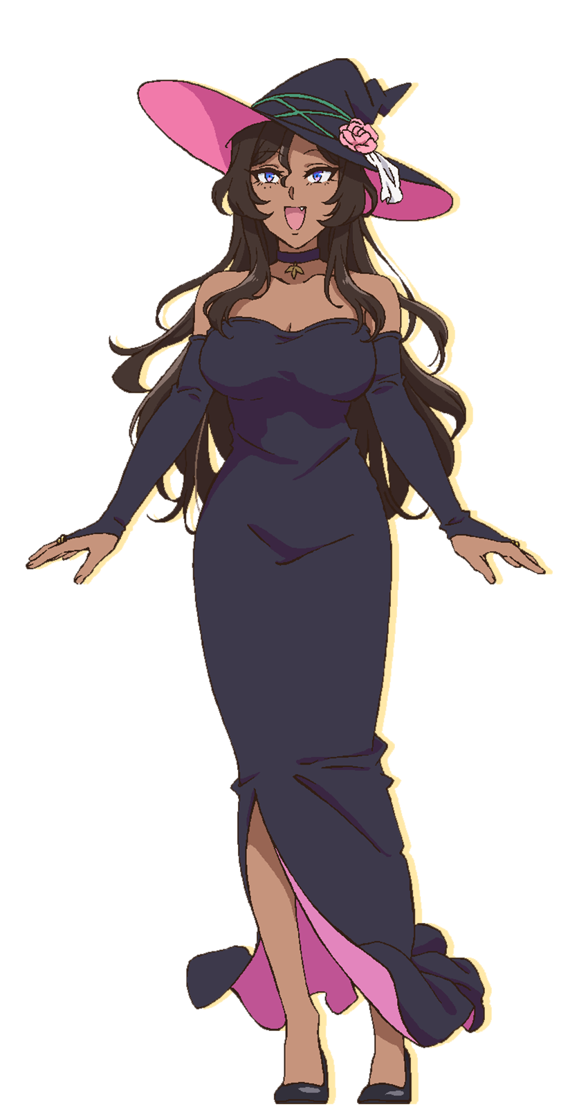 1girl, :d, alpha_transparency, black_bridal_gauntlets, black_dress, black_gloves, black_hat, black_shoes, breasts, bridal_gauntlets, choker, cleavage, dark-skinned_female, dark_skin, dekoboko_majo_no_oyako_jijou, dress, elbow_gloves, fang, flower, full_body, gloves, hat, hat_flower, highres, large_breasts, long_hair, official_art, open_mouth, shoes, side_slit, smile, solo, transparent_background, viola_(dekoboko_majo_no_oyako_jijou), witch_hat