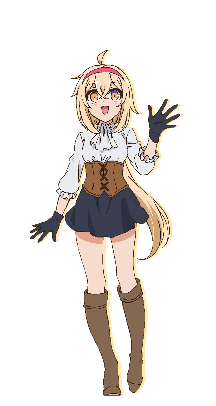 1girl, :d, ahoge, alissa_(dekoboko_majo_no_oyako_jijou), alpha_transparency, black_gloves, black_skirt, blonde_hair