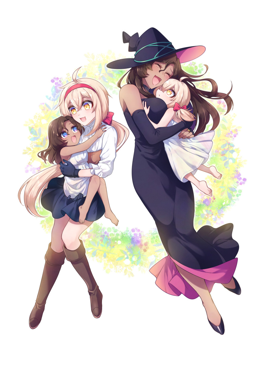 2girls, :d, age_difference, aged_down, ahoge, alissa_(dekoboko_majo_no_oyako_jijou), black_bridal_gauntlets, black_dress