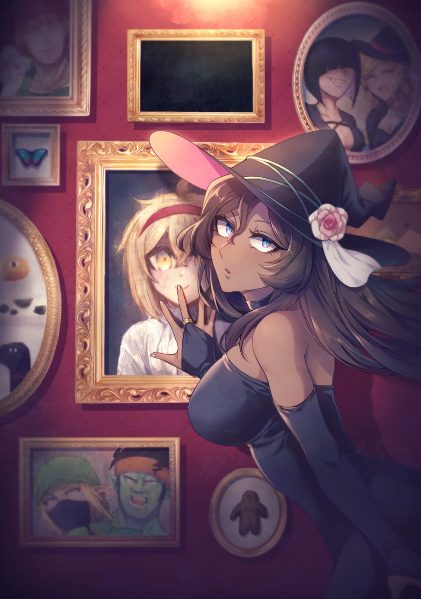 2boys, 5girls, alissa_(dekoboko_majo_no_oyako_jijou), black_bridal_gauntlets, black_dress, black_hair, blonde_hair, blue_eyes