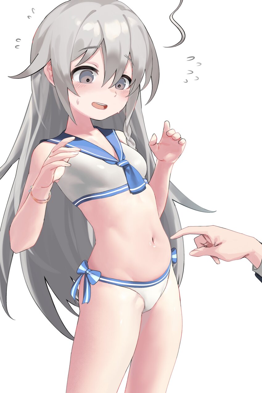 1girl, 1other, absurdres, ahoge, alternate_costume, ascot, bikini, blue_ascot, blush, bracelet, breasts, flying_sweatdrops, grey_hair, highres, hoshi_syoko, idolmaster, idolmaster_cinderella_girls, jewelry, long_hair, looking_down, navel, nervous_smile, pointing, producer_(idolmaster), sailor_bikini, sailor_collar, sailor_swimsuit_(idolmaster), simple_background, small_breasts, smile, stomach, sweatdrop, takesoboro, teeth, upper_teeth_only, very_long_hair, white_background