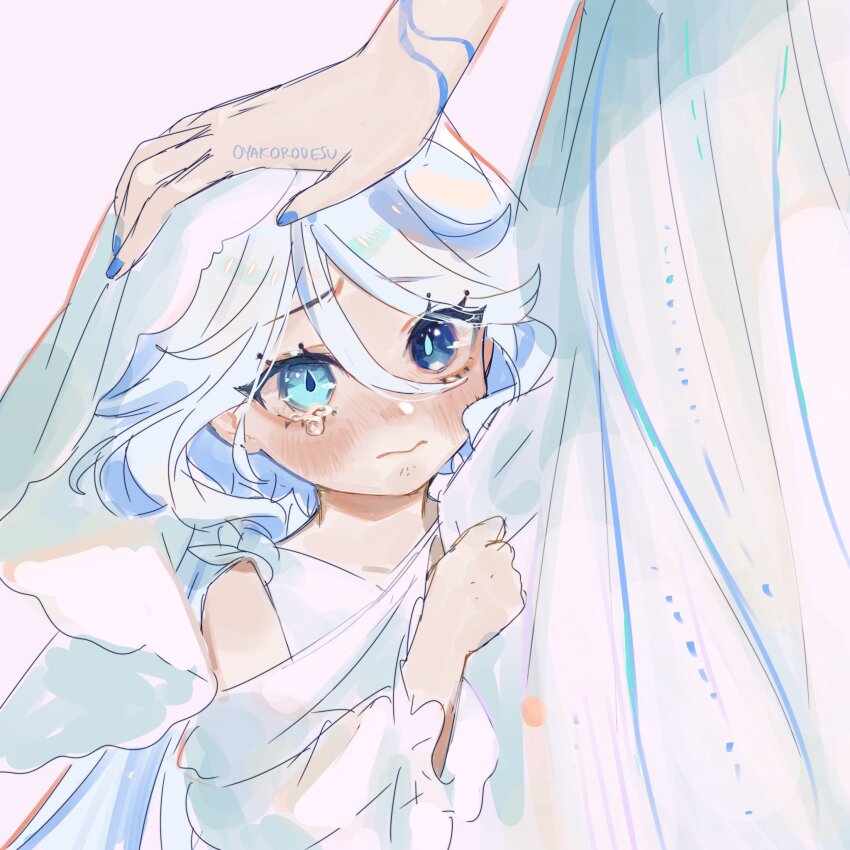 2girls, aged_down, artist_name, blue_eyes, blush, child, closed_mouth, clothes_grab, crying, dress, egeria_(genshin_impact), furina_(genshin_impact), genshin_impact, grabbing_another's_dress, heterochromia, highres, multiple_girls, oyakorodesu, white_dress