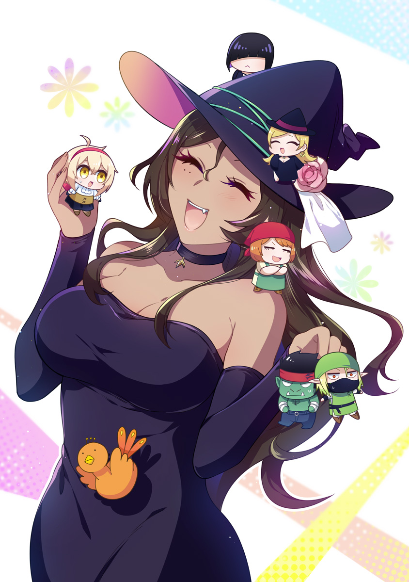 :d, alissa_(dekoboko_majo_no_oyako_jijou), black_bridal_gauntlets, black_dress, black_gloves, black_headwear, breasts, bridal_gauntlets