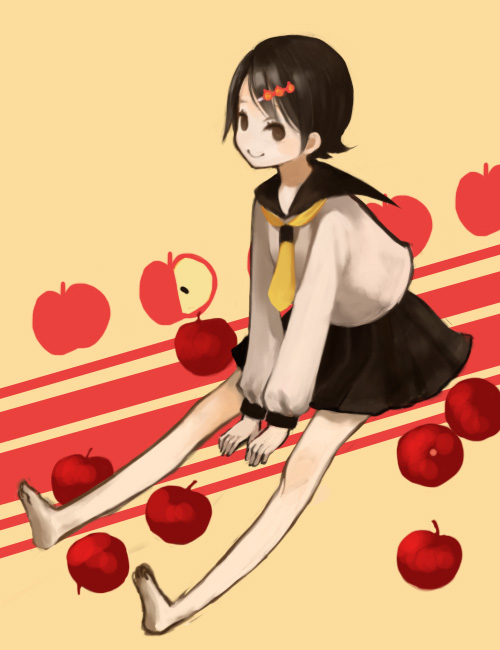 00s, 1girl, apple, barefoot, black_eyes, black_hair, faux_traditional_media, feet, female_focus, food, fruit, fumino, fuura_kafuka, hair_ornament, hairclip, legs, ringo_mogire_beam, sayonara_zetsubou_sensei, school_uniform, serafuku, short_hair, sitting, skirt, smile, solo