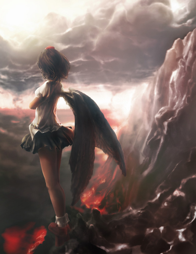 1girl, aduman, bad_id, bad_pixiv_id, black_wings, bobby_socks, brown_hair, cloud, crossed_arms, female_focus, from_behind, ganmen2525, geta, hat, lava, realistic, shameimaru_aya, short_hair, socks, solo, standing, tengu-geta, tokin_hat, touhou, wings