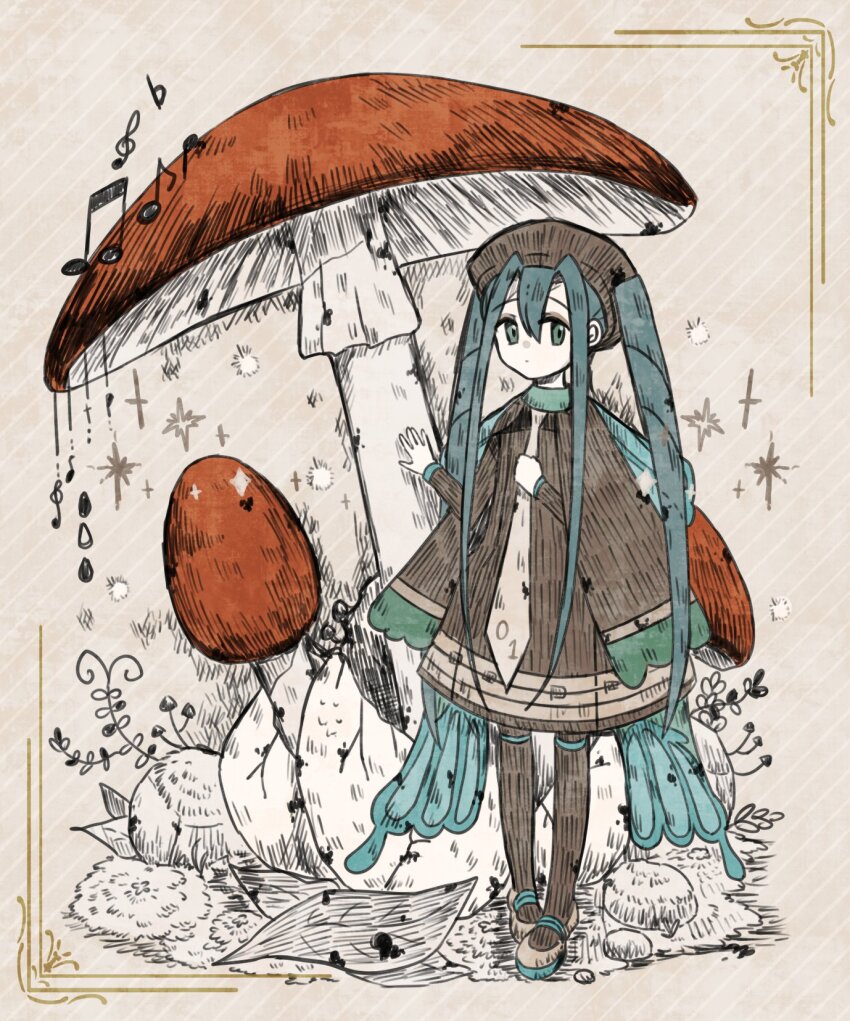1girl, animal_print, aqua_eyes, aqua_hair, beamed_eighth_notes, brown_dress, brown_hat, bug_miku_(project_voltage)