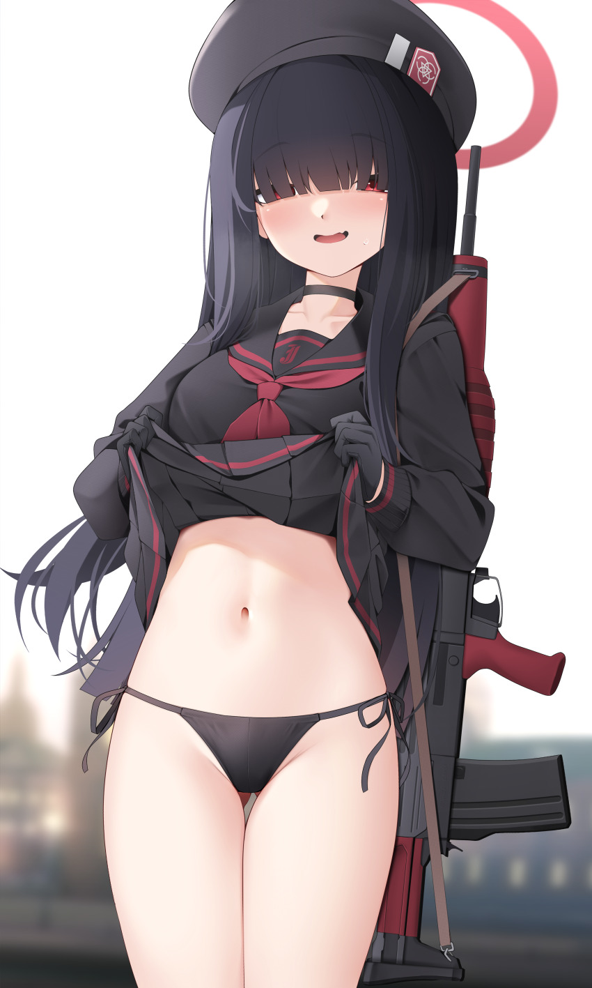 1girl, absurdres, beret, black_choker, black_gloves, black_hair, black_hat, black_panties