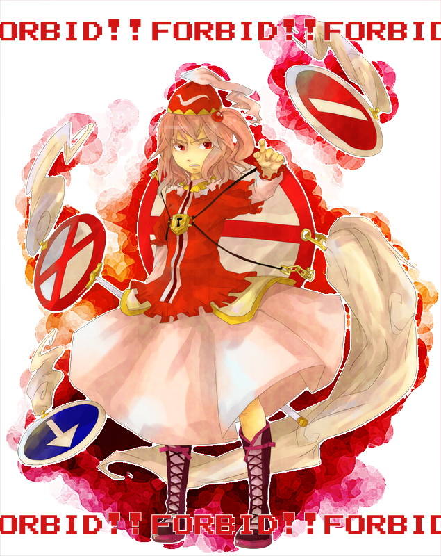 1girl, female_focus, full_body, kawashiro_mitori, key, pink_hair, prohibition_sign, signpost, solo, standing, touhou