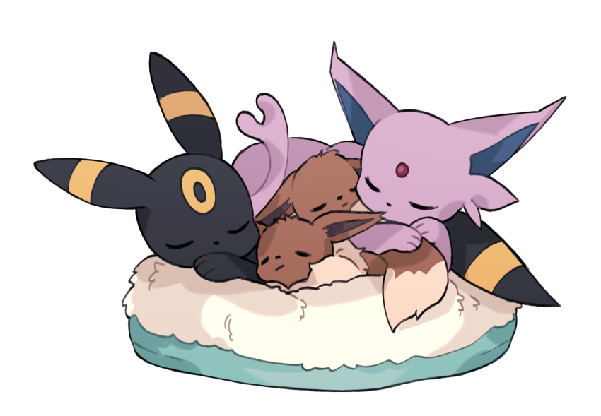 closed_eyes, closed_mouth, commentary, ears_down, eevee, english_commentary, espeon, forehead_jewel, gen_1_pokemon, gen_2_pokemon, mjoyart, nintendo, no_humans, pet_bed, pokemon, pokemon_(creature), simple_background, sleeping, umbreon, white_background