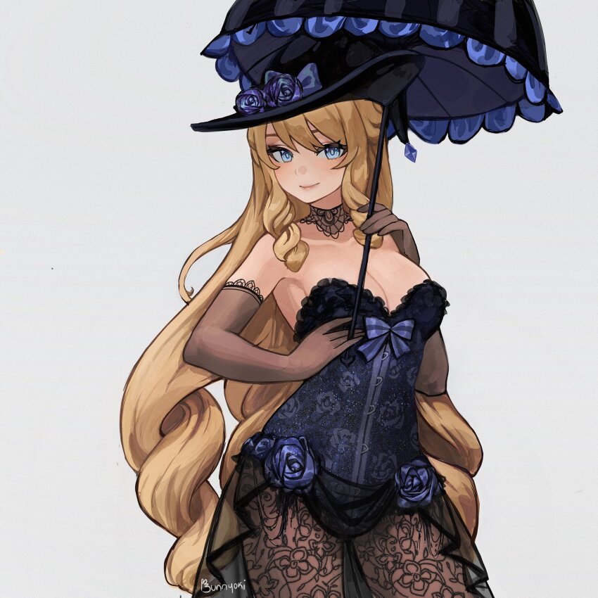 1girl, bare_shoulders, black_headwear, black_umbrella, blonde_hair, blue_bow, blue_dress, blue_eyes, bow, breasts, brown_gloves, bunnyoki, cleavage, commentary, cowboy_shot, dress, elbow_gloves, english_commentary, genshin_impact, gloves, grey_background, highres, holding, holding_umbrella, large_breasts, long_hair, looking_at_viewer, navia_(genshin_impact), pantyhose, parasol, simple_background, smile, solo, standing, strapless, strapless_dress, thighs, umbrella, very_long_hair