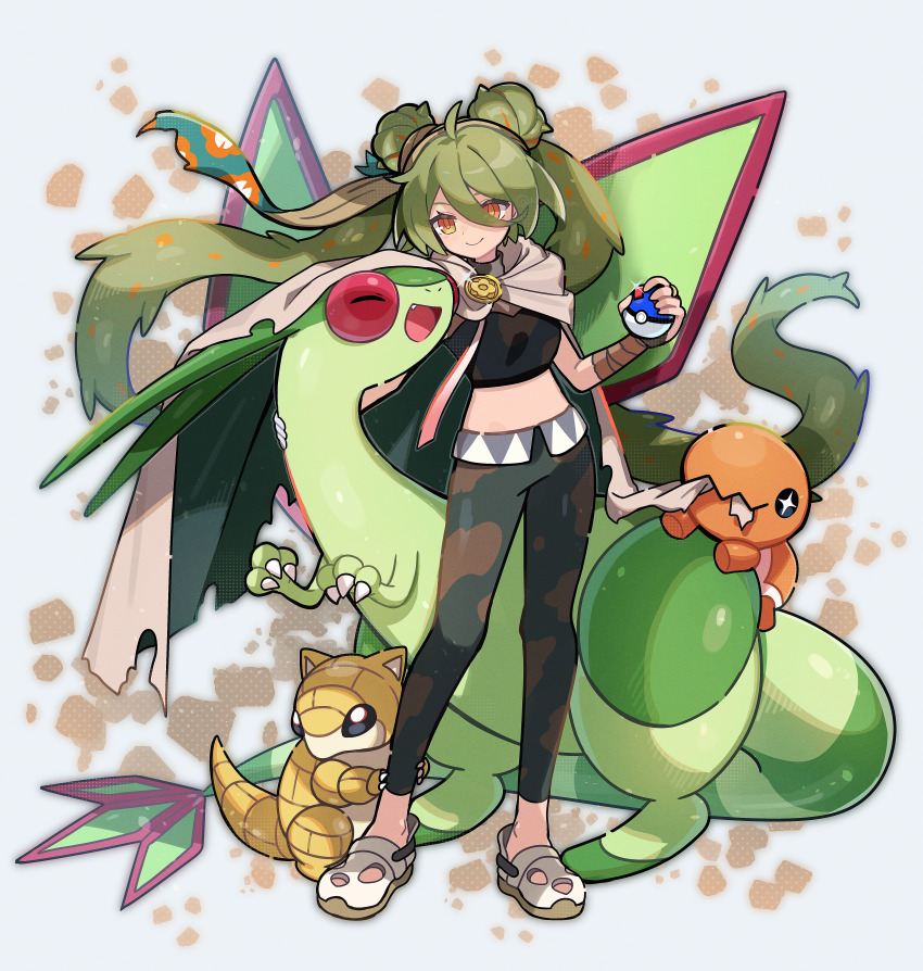 1girl, 3others, absurdres, bandaged_arm, bandages, cape, claws, crocs, crop_top, double_bun, dragon, dragon_tail, dragon_wings, floating_hair, flygon, fuinagi_(huyuu_mm), full_body, gen_1_pokemon, gen_3_pokemon, great_ball, green_hair, ground_miku_(project_voltage), hair_bun, happy, hatsune_miku, highres, hug, long_hair, midriff, multiple_others, nintendo, orange_eyes, pants, poke_ball, pokemon, pokemon_(creature), project_voltage, sand, sandshrew, smile, tail, trapinch, twintails, very_long_hair, vocaloid, wings