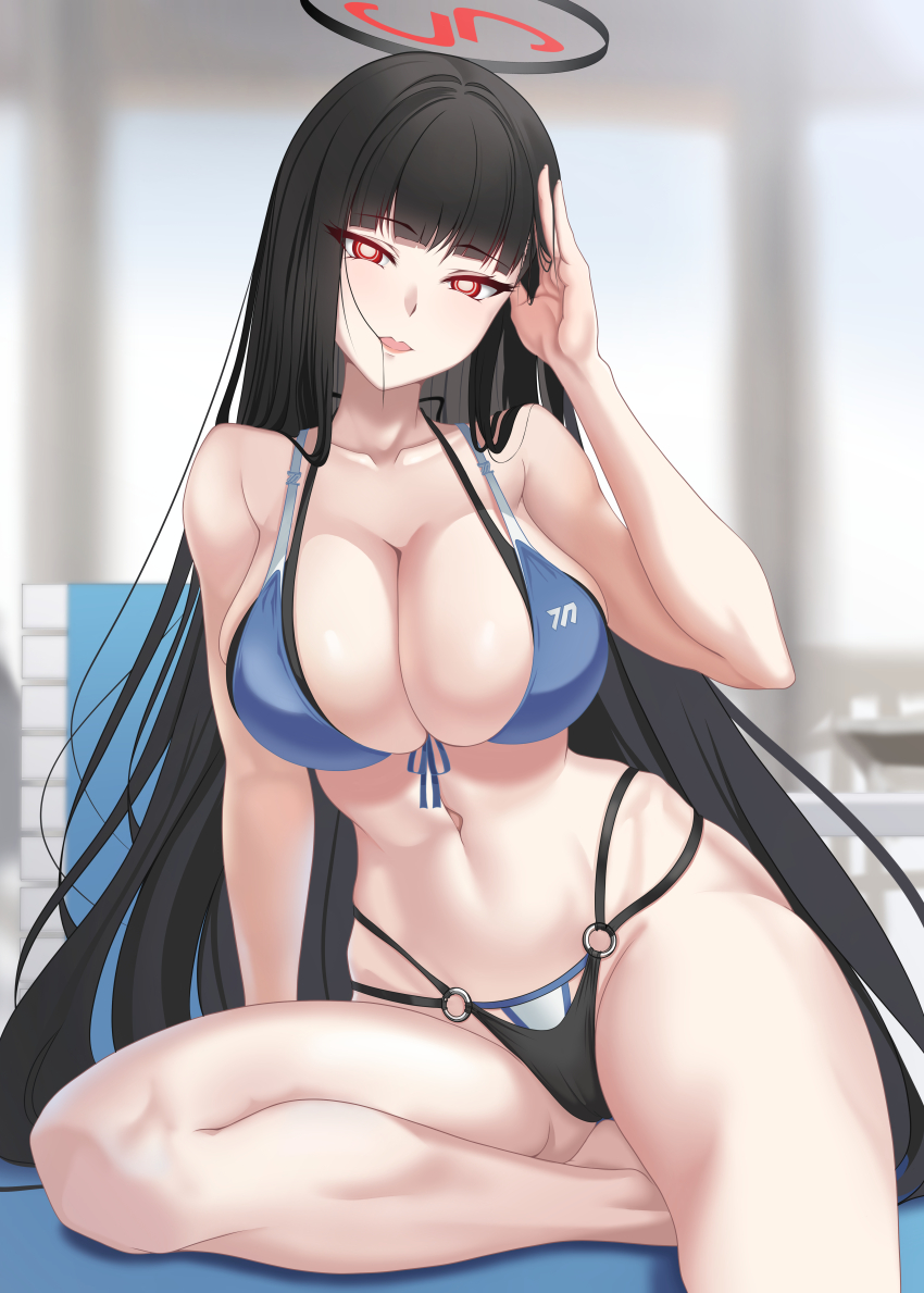 1girl, absurdres, bikini, biting_hair, black_hair, blue_archive, breasts, double_bikini, harold_japan, highres, large_breasts, long_hair, red_eyes, rio_(blue_archive), swimsuit