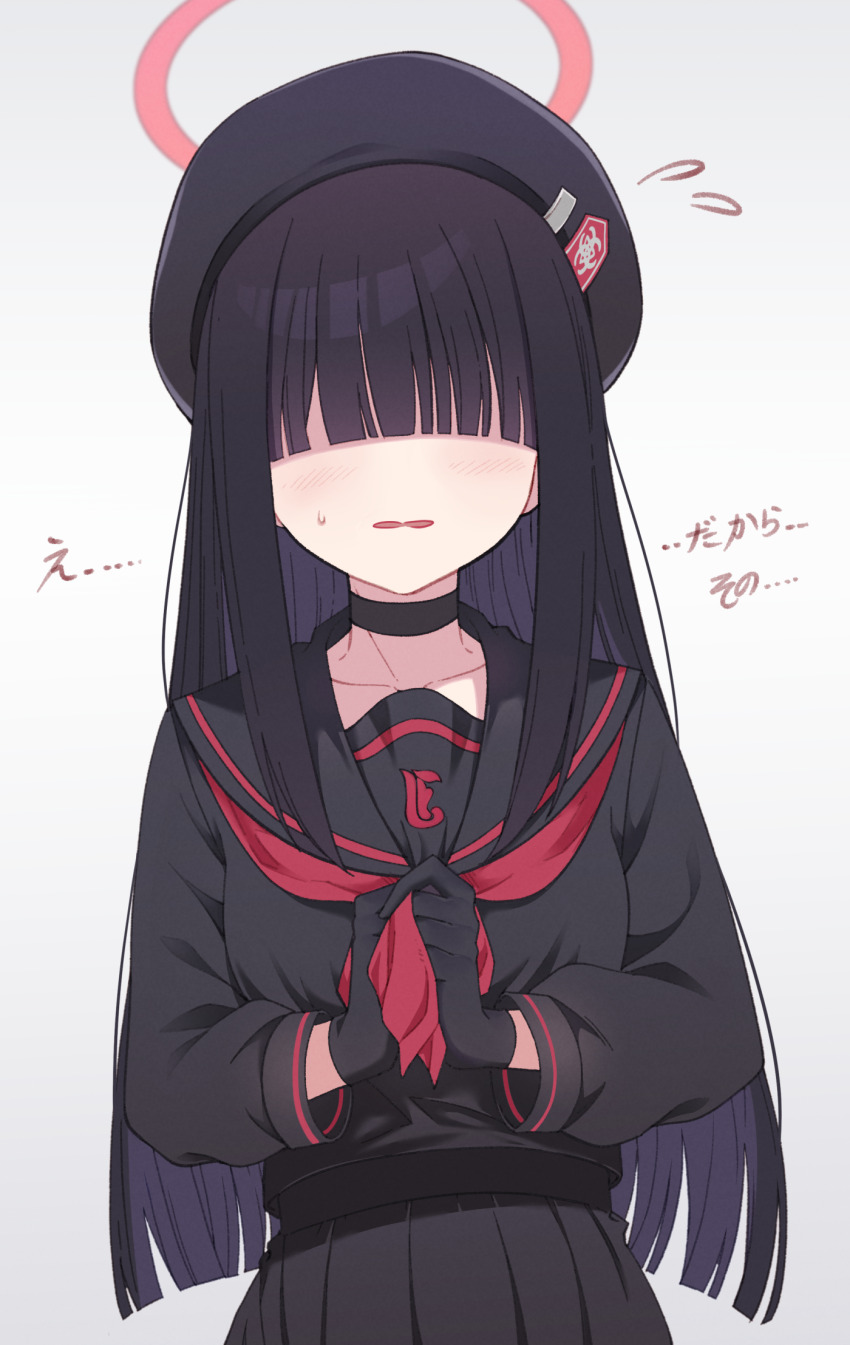 1girl, anavi, beret, black_choker, black_gloves, black_hair, black_hat, black_sailor_collar