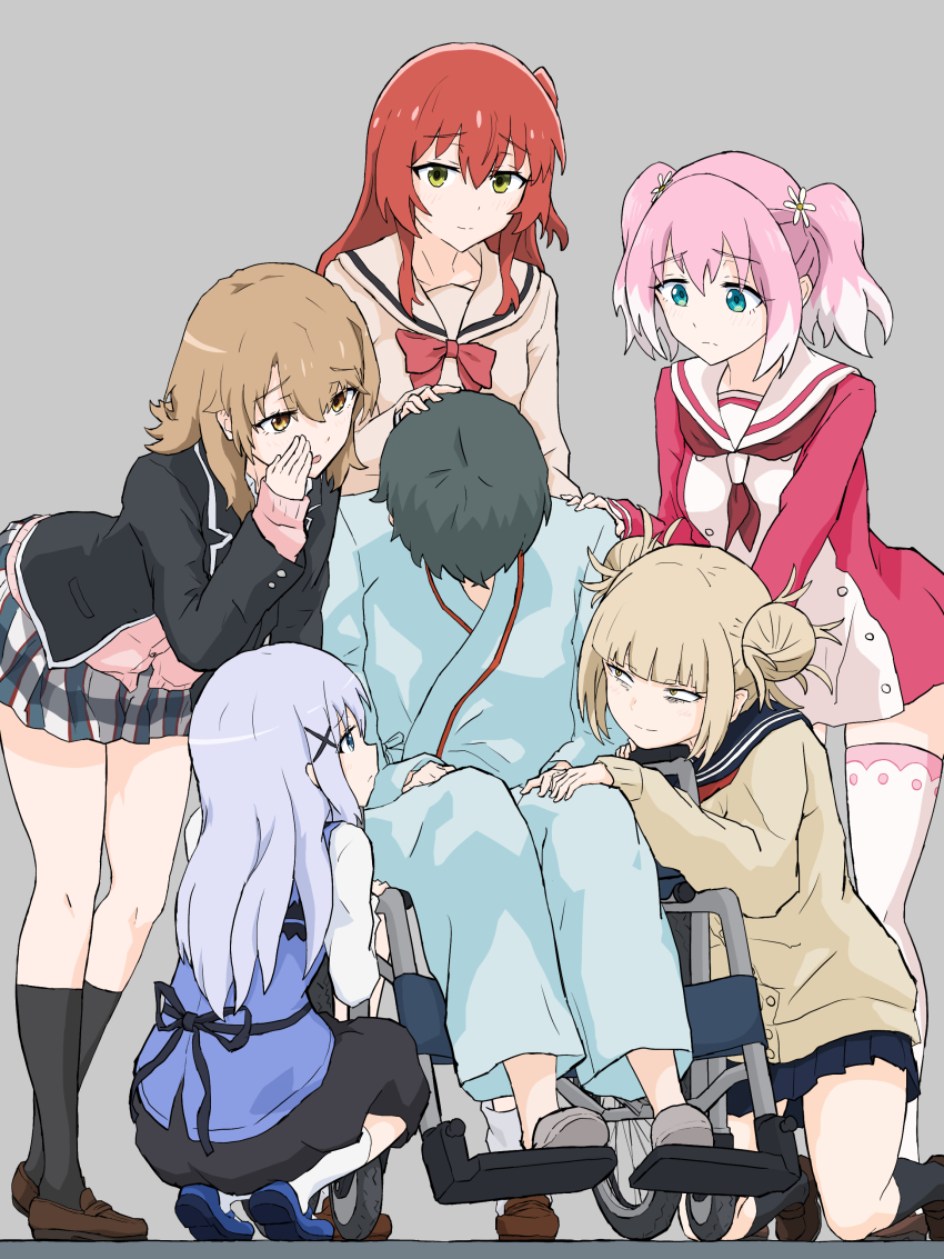1boy, 5girls, absurdres, artist_self-insert, bags_under_eyes, black_hair, blonde_hair, blue_eyes, blue_hair, blue_sailor_collar, blue_skirt, bocchi_the_rock!, boku_no_hero_academia, brown_eyes, brown_hair, brown_sailor_collar, closed_mouth, crossover, double_bun, frown, gochuumon_wa_usagi_desu_ka?, green_eyes, hair_bun, highres, hiiragi_nana, hizumi_ms, hospital_gown, isshiki_iroha, kafuu_chino, kita_ikuyo, kneehighs, kneeling, leaning_forward, long_hair, long_sleeves, looking_at_another, medium_hair, multiple_girls, munou_na_nana, open_mouth, original, pink_hair, pleated_skirt, red_hair, red_ribbon, ribbon, sailor_collar, school_uniform, short_twintails, side_ponytail, sitting, skirt, slippers, smile, socks, squatting, standing, surrounded, thighhighs, toga_himiko, twintails, wheelchair, white_sailor_collar, white_thighhighs, yahari_ore_no_seishun_lovecome_wa_machigatteiru., yellow_eyes