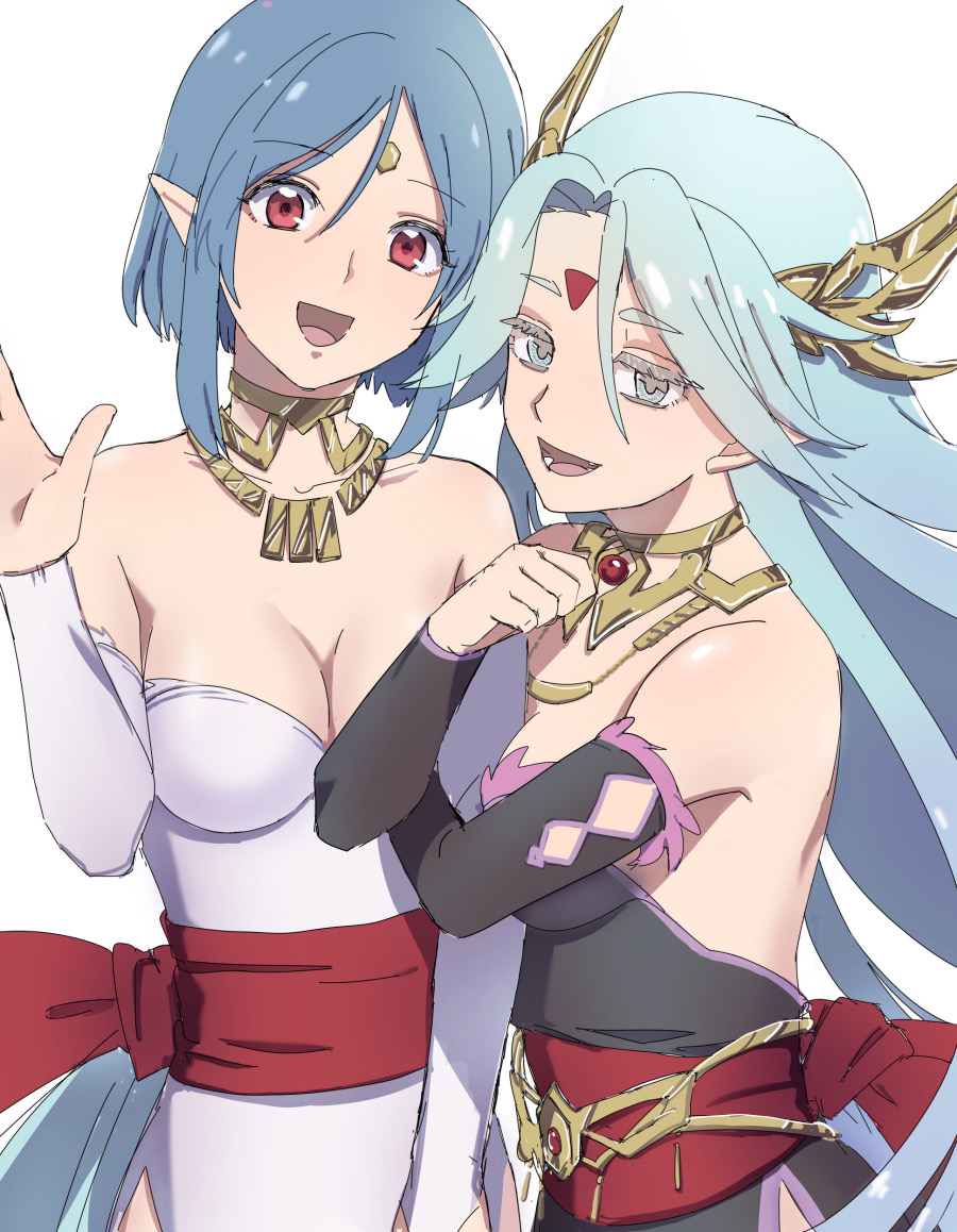 2girls, :d, blue_hair, breasts, detached_sleeves, dress, facial_mark, filia_(star_ocean)