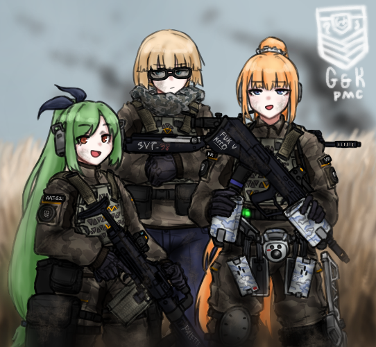 3girls, aat-52_(girls'_frontline), assault_rifle, blonde_hair, blue_eyes, bullpup, girls'_frontline, goggles
