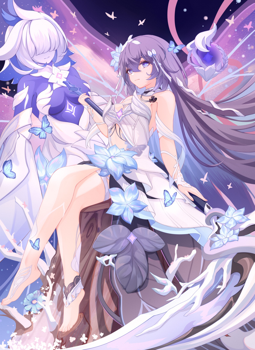 1girl, absurdres, bare_shoulders, barefoot, black_hair, blackheart`, blue_butterfly, blue_eyes