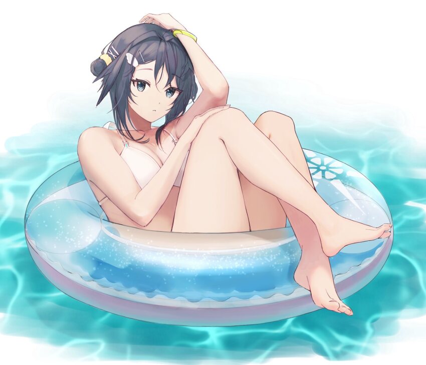 1girl, alternate_hairstyle, arknights, barefoot, bikini, bracelet, brown_hair, commentary