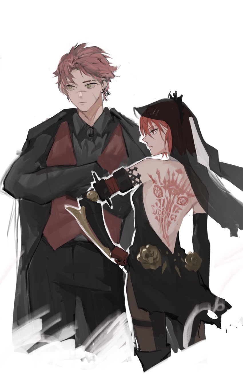 18_kawaki, 1boy, 1girl, absurdres, back_tattoo, backless_dress, backless_outfit, black_dress