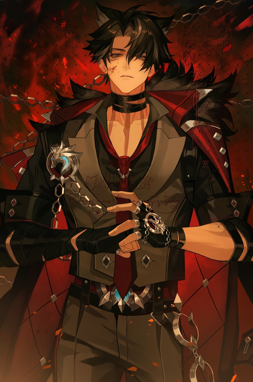 1boy, absurdres, bandaged_arm, bandaged_neck, bandages, black_coat, black_gloves, black_hair, black_shirt, blood, blood_on_face, buttons, chain, clenched_hand, coat, coat_on_shoulders, collared_shirt, commentary, cowboy_shot, cuffs, ear_piercing, earrings, facial_scar, fingerless_gloves, fur-trimmed_coat, fur_trim, genshin_impact, gloves, grey_hair, grey_pants, grey_vest, hair_between_eyes, handcuffs, hands_up, highres, jewelry, lapels, looking_at_viewer, loose_necktie, male_focus, multicolored_hair, necktie, pants, parted_bangs, parted_lips, piercing, purple_eyes, red_background, red_necktie, scar, scar_on_cheek, scar_on_face, scar_on_neck, shaded_face, shirt, short_hair, short_sleeves, sleeve_cuffs, solo, standing, streaked_hair, stud_earrings, untranslatable_commentary, two-sided_coat, two-sided_fabric, vest, watermark, wriothesley_(genshin_impact), yan_shen