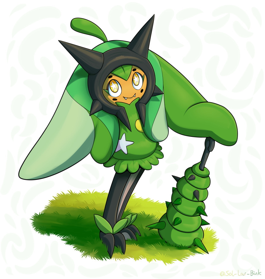 closed_mouth, club_(weapon), fangs, fangs_out, full_body, grass, highres, holding, holding_weapon, horns, looking_up, mixed-language_commentary, nintendo, ogerpon, pokemon, pokemon_(creature), smile, sol-lar-bink, solo, standing, star-shaped_pupils, star_(symbol), symbol-shaped_pupils, weapon, yellow_eyes