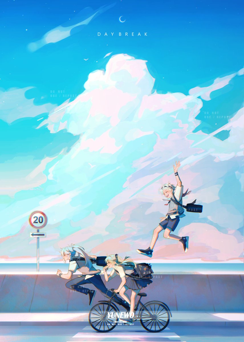 1girl, 2boys, alternate_hairstyle, arm_up, arrow_(symbol), artist_name, bag, bandaid, bandaid_on_arm, bandaid_on_face, bandaid_on_knee, bandaid_on_leg, bandaid_on_nose, bennett_(genshin_impact), bicycle, bird, black_footwear, black_hairband, black_ribbon, blonde_hair, blue_bag, blue_pants, blue_shorts, blue_skirt, blush, closed_eyes, cloud, cloudy_sky, collared_shirt, commentary, crescent_moon, crosswalk, english_commentary, fischl_(genshin_impact), food, food_in_mouth, genshin_impact, green_eyes, grey_hair, grey_vest, hair_between_eyes, hair_ribbon, hairband, high_ponytail, highres, holding, holding_food, horizon, jumping, long_hair, moon, multiple_boys, ocean, open_mouth, pants, pleated_skirt, ponytail, profile, razor_(genshin_impact), red_eyes, ribbon, riding, riding_bicycle, road, road_sign, running, sandwich, school_bag, school_uniform, shirt, shoes, short_hair, short_sleeves, shorts, shoulder_bag, sidelocks, sidewalk, sign, skirt, sky, smile, speed_limit_sign, star_(sky), sticker, sunset, teeth, tongue, vest, water, watermark, white_shirt, wristband, yunewo