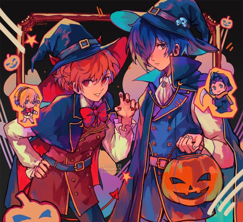 2boys, 2girls, aigis_(persona), alternate_costume, android, artist_name, ascot, belt, belt_buckle, black_belt, black_cape, black_capelet, black_cloak, black_hair, black_hairband, black_headwear, blonde_hair, blue_eyes, blue_hair, bow, bowtie, brooch, brown_hair, buckle, buttons, cape, capelet, chibi, cloak, closed_mouth, commentary, demon_horns, demon_tail, dress, fake_horns, fake_tail, fingernails, grin, hair_over_one_eye, hairband, halloween, halloween_bucket, halloween_costume, hand_on_own_hip, hat, holding, hood, hood_up, hooded_cloak, horns, jewelry, looking_at_viewer, mini_person, miniboy, minigirl, mochizuki_ryouji, mole, mole_under_eye, multiple_boys, multiple_girls, one_eye_covered, persona, persona_3, persona_3_portable, pumpkin, red_bow, red_bowtie, red_eyes, red_nails, say0ran, scarf, scythe, shiomi_kotone, size_difference, smile, sweatdrop, untranslatable_commentary, tail, twitter_username, white_ascot, white_dress, white_nails, witch_hat, yellow_scarf, yuuki_makoto_(persona_3)