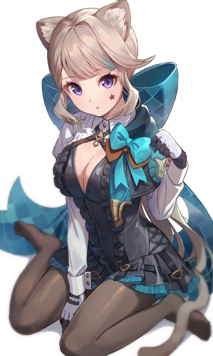 1girl, animal_ears, black_pantyhose, breasts, cat_ears, cat_girl, cat_tail, cleavage