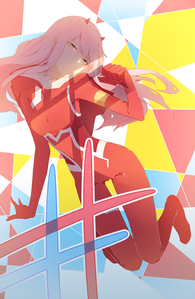 1girl, aeror, blue_background, bodysuit, breasts, clenched_hand, closed_mouth, commentary, darling_in_the_franxx, expressionless, floating_hair, full_body, geometric_pattern, hairband, head_tilt, highres, hood, hood_down, horns, kneeling, long_hair, looking_at_viewer, mecha_pilot_suit, multicolored_background, multicolored_bodysuit, oni_horns, parasite_suit_(darling_in_the_franxx), pink_hair, red_background, red_bodysuit, red_horns, shadow, skin_tight, small_breasts, solo, thigh_gap, two-tone_bodysuit, white_background, white_bodysuit, white_hairband, yellow_background, yellow_eyes, zero_two_(darling_in_the_franxx)