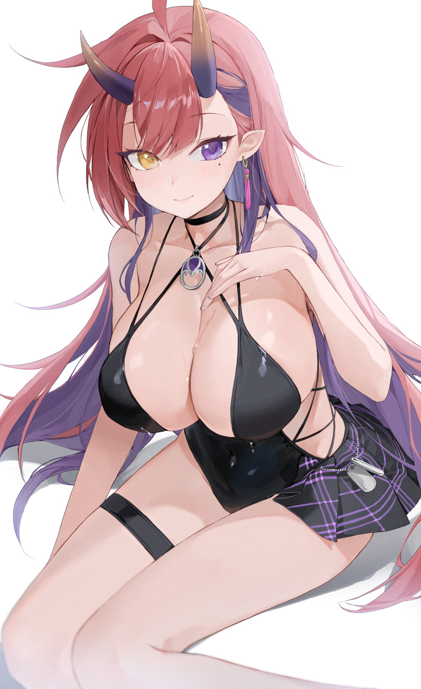 1girl, absurdres, ahoge, bare_arms, bare_shoulders, black_choker, black_dress, breasts, choker, choyeon, cleavage, closed_mouth, criss-cross_halter, dress, earrings, halter_dress, halterneck, hand_on_own_chest, hand_up, heterochromia, highres, horns, jewelry, kurenai_natsuki_(vtuber), large_breasts, long_hair, looking_at_viewer, mole, mole_under_eye, multi-strapped_dress, multicolored_hair, multiple_straps, no_bra, oni_horns, pink_hair, pointy_ears, purple_eyes, purple_hair, showgirl_skirt, sideless_outfit, sitting, skindentation, sleeveless, sleeveless_dress, smile, solo, spaghetti_strap, stardays, sweat, thigh_strap, thighs, two-tone_hair, very_long_hair, virtual_youtuber, yellow_eyes