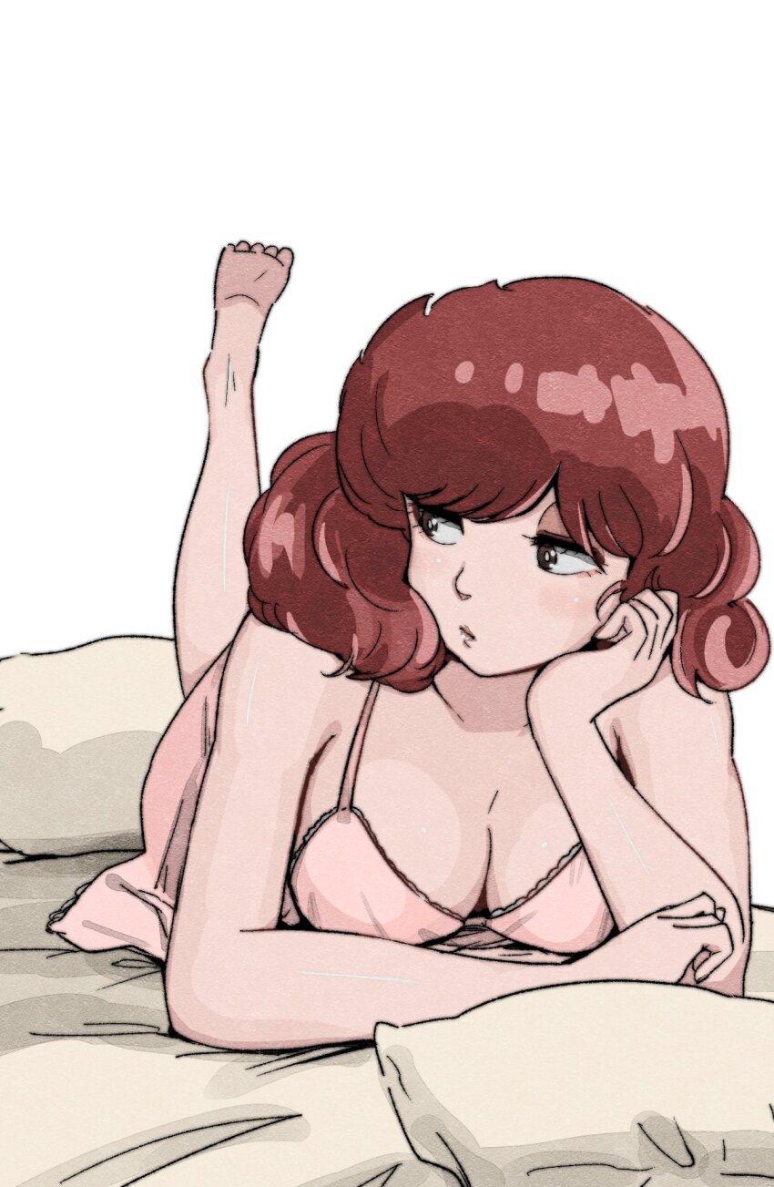1girl, barefoot, bed, blush, breasts, brown_eyes, cleavage, curly_hair, eyeshadow, hand_on_own_cheek, hand_on_own_face, highres, lace_trim, leg_up, lingerie, looking_to_the_side, lying, maison_ikkoku, makeup, medium_breasts, nightgown, on_bed, on_stomach, pillow, pink_nightgown, poppowerhearts, red_hair, roppongi_akemi, solo, underwear, white_background