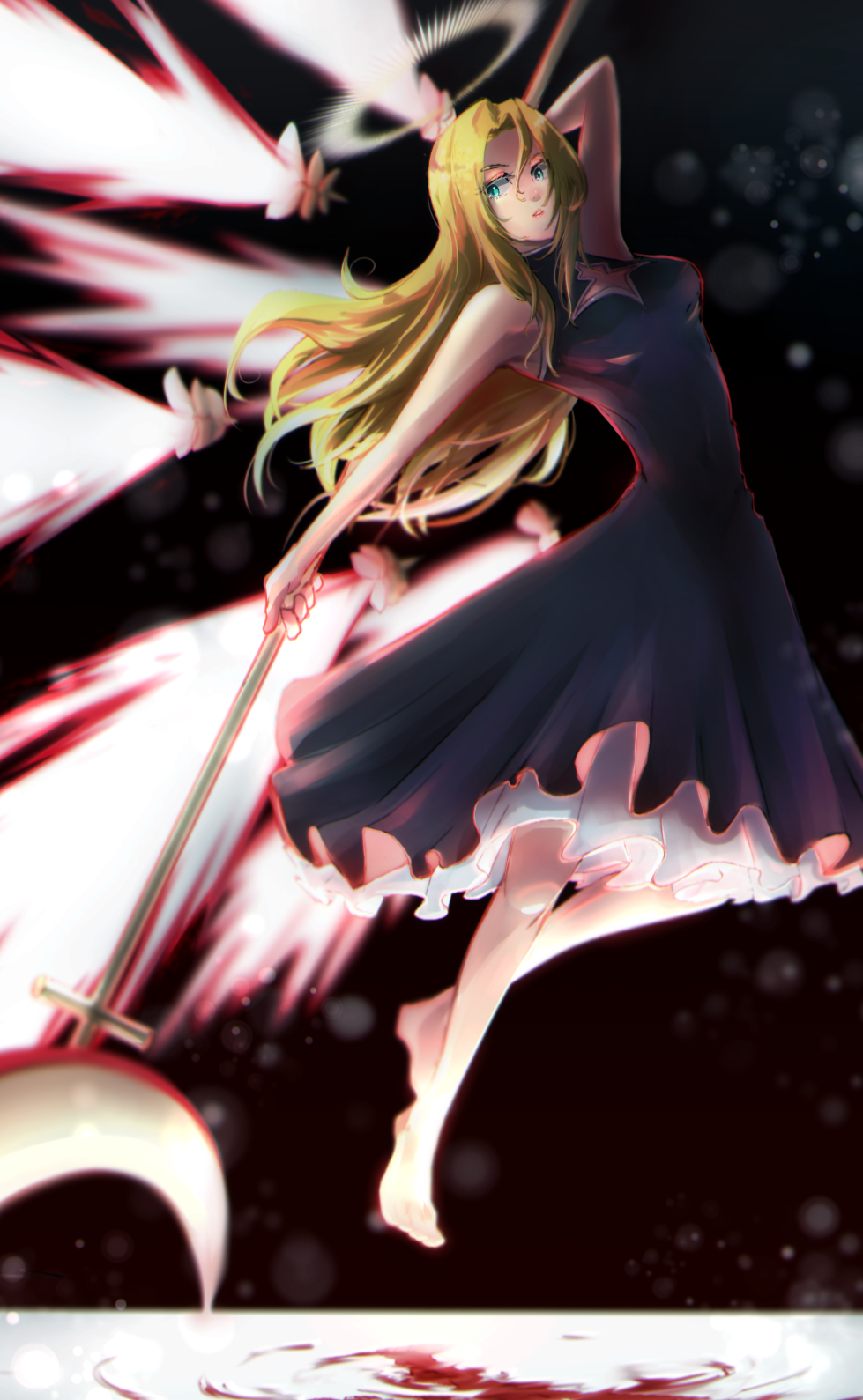 1girl, bare_arms, barefoot, black_dress, blonde_hair, blue_eyes, breasts, dress, full_body, halo, highres, holding, iseria_queen, long_hair, medium_breasts, skirt, sleeveless, solo, staff, star_ocean, star_ocean:_the_second_story, wings, yaegiri