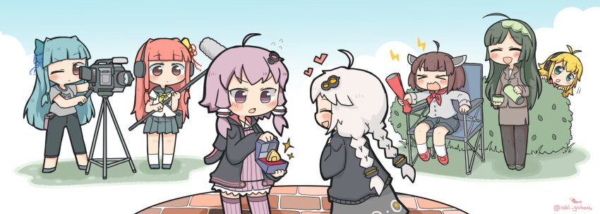 >_<, 6+girls, ^_^, ahoge, alternate_costume, antenna_hair, black_jacket, black_pants