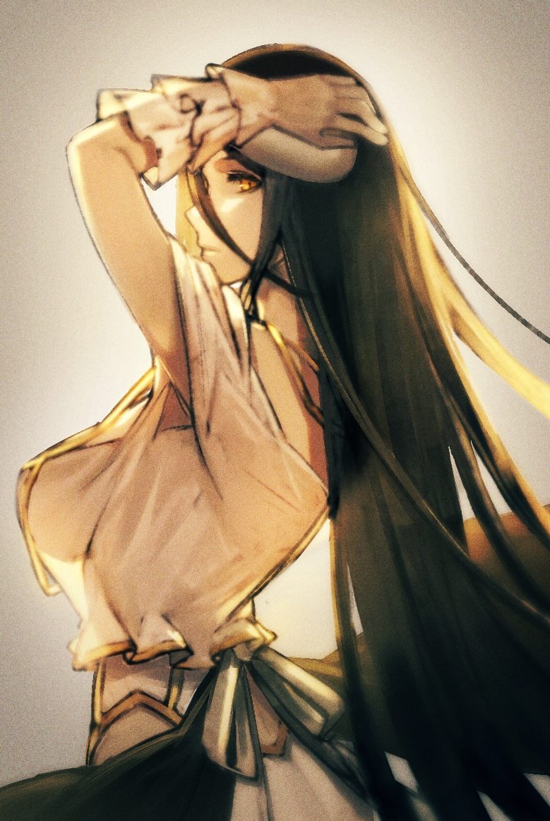 1girl, albedo_(overlord), arm_up, black_hair, black_wings, breasts, commentary_request, dress