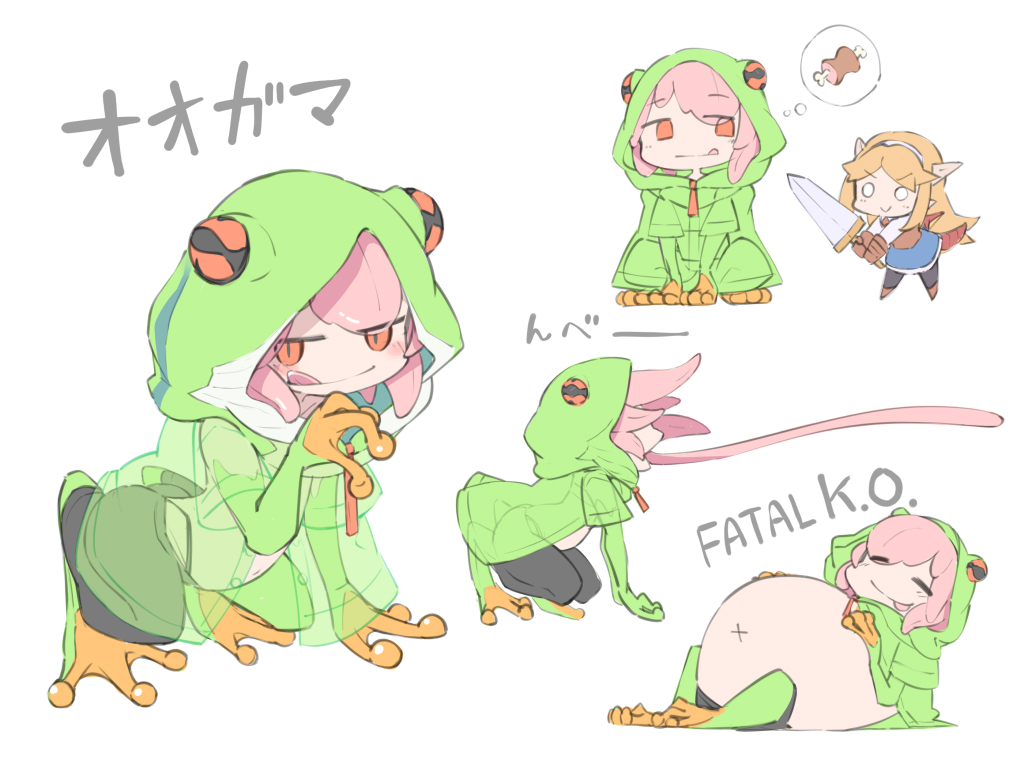 2girls, :p, animal_hood, belly, big_belly, blonde_hair, boned_meat, chibi, closed_eyes, dragonewt_(monmusu_gladiator), food, frog_girl, hood, hood_up, jitome, long_tongue, meat, monmusu_gladiator, monster_girl, multiple_girls, murabatodenki, o_o, pink_hair, raincoat, reclining, red_eyes, simple_background, speech_bubble, squatting, sword, thought_bubble, tongue, tongue_out, very_long_tongue, vore, weapon, white_background