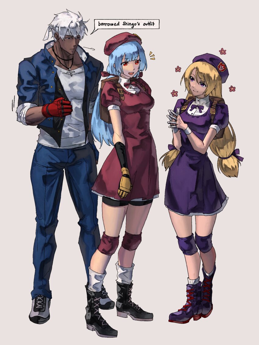 1boy, 2girls, backpack, bag, bandaged_fingers, bandages, beret, bike_shorts, black_footwear, black_shorts, blonde_hair, blue_hair, blue_jacket, blue_pants, boots, bow, bowtie, brown_bag, commentary, cosplay, dress, elbow_gloves, full_body, gloves, grey_background, grey_footwear, hat, highres, jacket, jewelry, k'_(kof), knee_pads, kula_diamond, light_blue_hair, long_hair, looking_at_another, low_twintails, multiple_girls, necklace, notice_lines, own_hands_together, pants, pink_bow, pink_bowtie, pink_headwear, puffy_short_sleeves, puffy_sleeves, purple_bow, purple_bowtie, purple_dress, purple_eyes, purple_footwear, purple_headwear, red_eyes, red_gloves, school_uniform, shijou_hinako, shirt, short_hair, short_sleeves, shorts, sidelocks, socks, standing, syachiiro, the_king_of_fighters, twintails, white_hair, white_shirt, white_socks, wristband, yabuki_shingo, yabuki_shingo_(cosplay), yellow_gloves