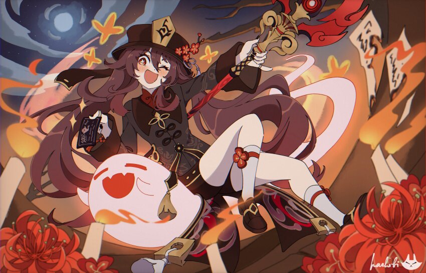 1girl, absurdres, boo_tao_(genshin_impact), brown_hair, coattails, flower, genshin_impact, hashibi_(noyasakihashibi)